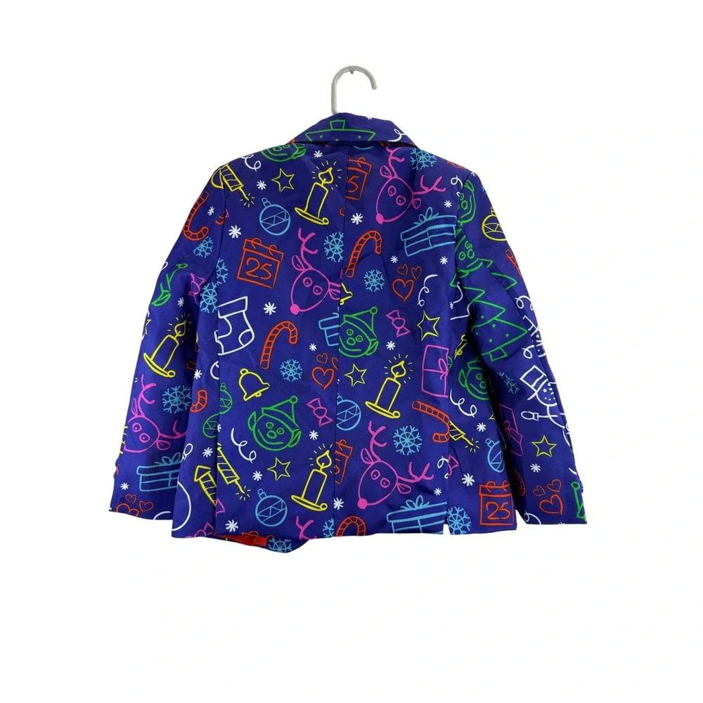 Suitmeister Kids Christmas Blazer Blue Neon Doodle Holiday Jacket Size S‎ 4-6Y